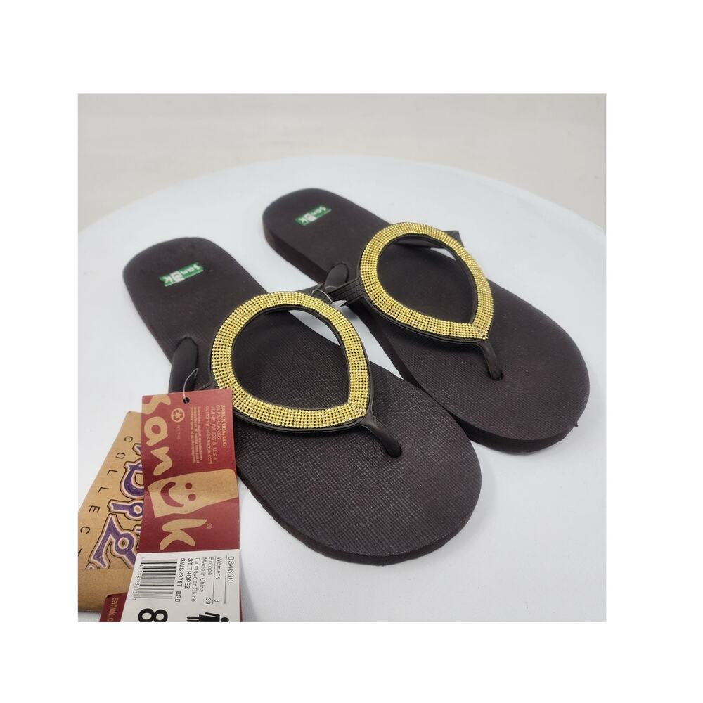Sanuk Ibiza St. Tropez Flip-Flop Sandals Women 8 Brown Gold Bead Circle 034630
